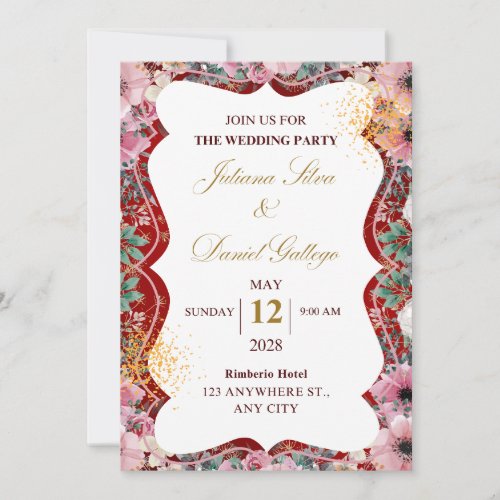 Red and pink floral wedding invitation