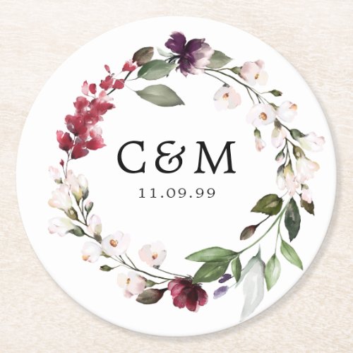 Red and Pink Floral Wedding Monogram and Date Round Paper Coaster