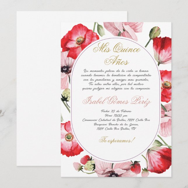 Red and pink flower Quinceanera invitation (Front/Back)
