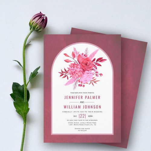Red and pink flowers and arch wedding invitation