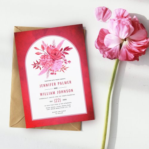 Red and pink flowers and arch wedding invitation