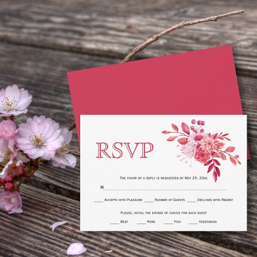 Red and pink flowers and foliage wedding RSVP card