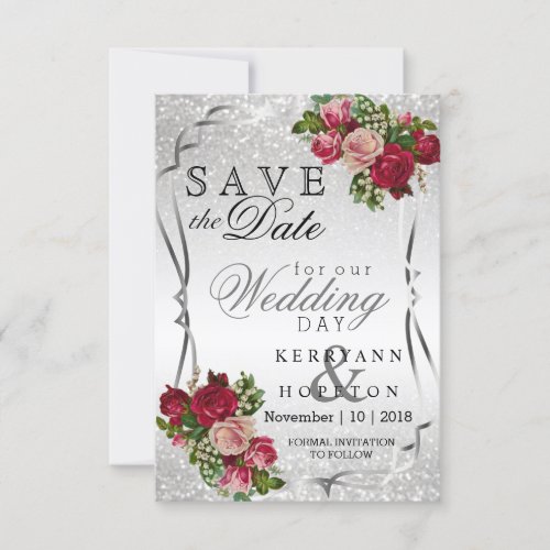 Red and Pink Flowers  Silver Glitter Save The Date