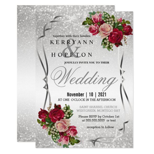 Red and Pink Flowers with Silver Glitter Invitation