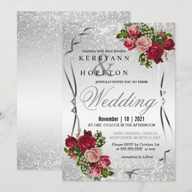 Red and Pink Flowers with Silver Glitter Invitation (Front/Back)