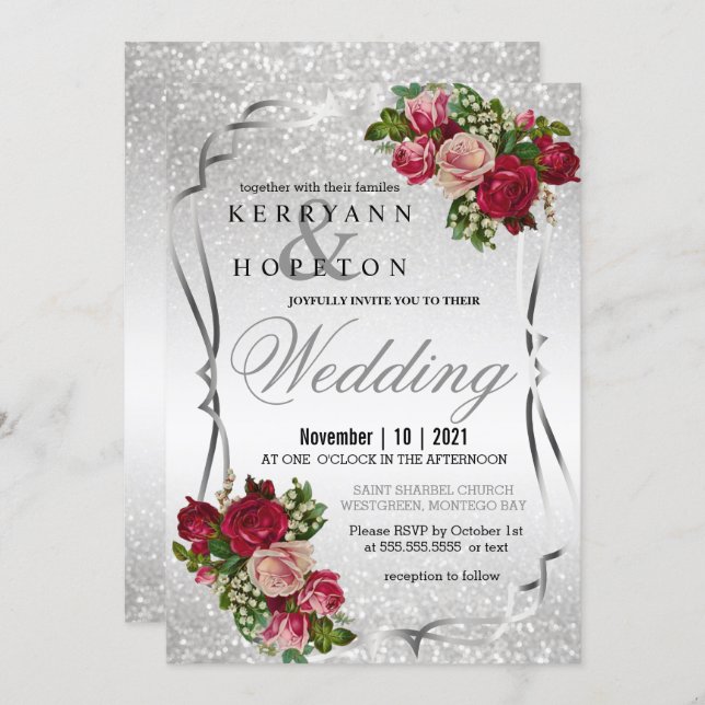 Red and Pink Flowers with Silver Glitter Invitation (Front/Back)