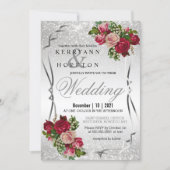 Red and Pink Flowers with Silver Glitter Invitation (Front)