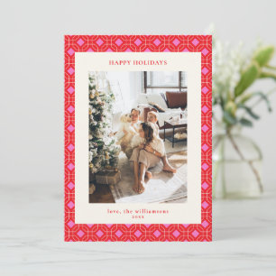 Red and Pink Geometric Photo Happy Holidays Holiday Card