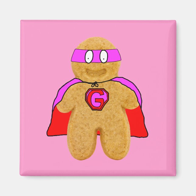 red and pink gingerbread man super hero magnet (Front)