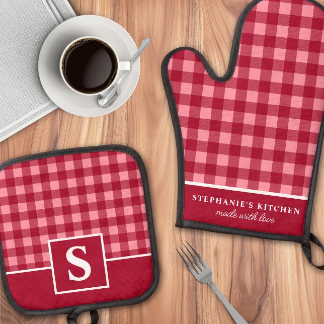 Red And Pink Gingham Plaid Checkered Monogrammed Oven Mitt & Pot Holder Set (Creator Uploaded)