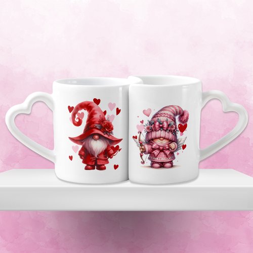 Red and Pink Gnome Valentine Couple  Coffee Mug Set