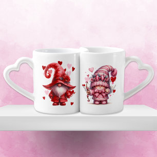 Red and Pink Gnome Valentine Couple Coffee Mug Set