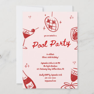 Red and Pink Handdrawn Whimsical Birthday Party Invitation