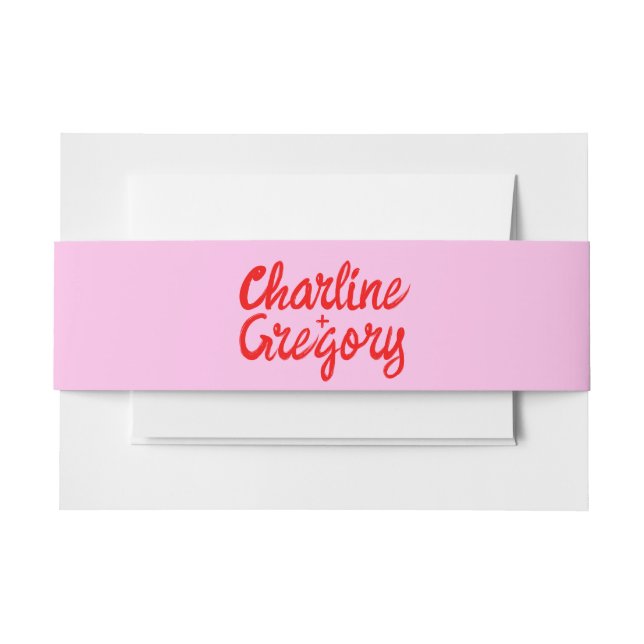 Red and Pink Handwritting Retro Wedding Invitation Belly Band (Front Example)