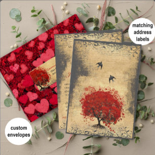 Red and Pink Heart Leaf Tree Wedding Envelope