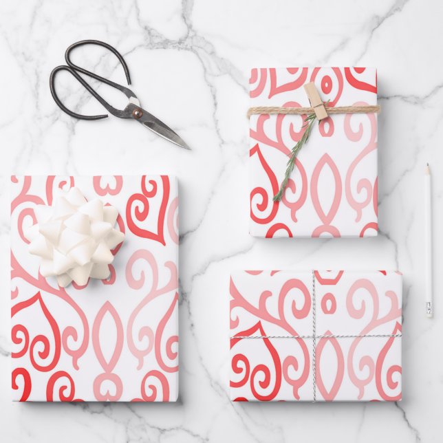 Red and Pink Heart Pattern Wrapping Paper Sheets (Front)
