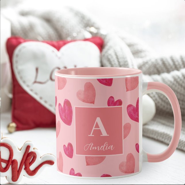 Red and Pink Heart Personalized Monogram Name Mug (Creator Uploaded)