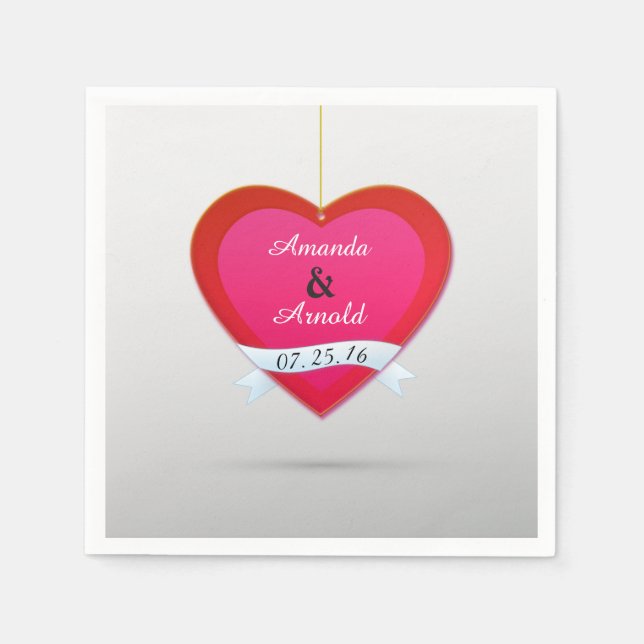 Red And Pink Heart Wedding Cocktail Paper Napkins (Front)