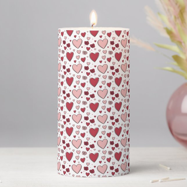 Red and Pink Hearts and Roses Doodle Art Pillar Candle (In Situ)