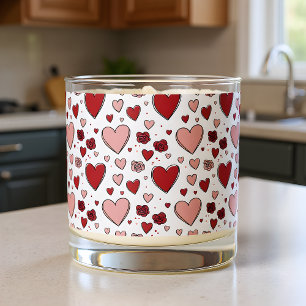 Red and Pink Hearts and Roses Doodle Art Scented Candle
