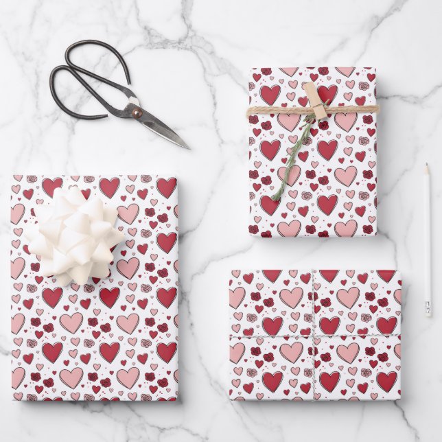 Red and Pink Hearts and Roses Doodle Art Wrapping Paper Sheets (Front)