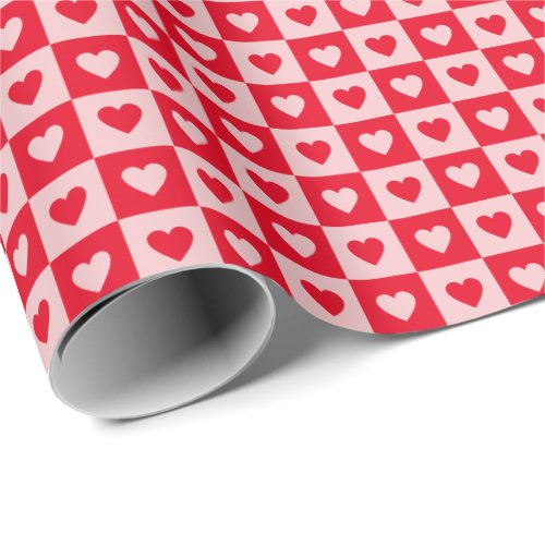 Red and Pink Hearts Checkerboard Valentines Day Wrapping Paper