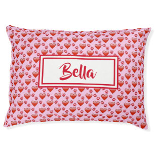 Red and Pink Hearts, Paw Prints and Pet Name Pet Bed