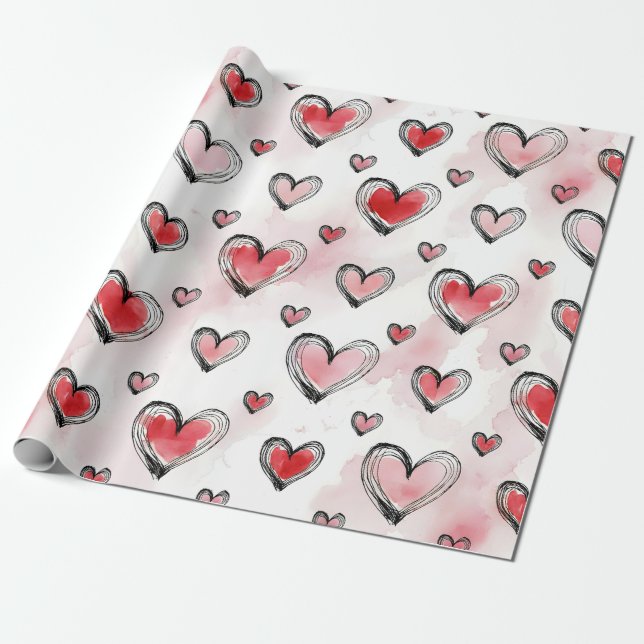 Red and Pink Hearts Valentine's Day Wrapping Paper (Unrolled)