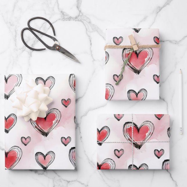 Red and Pink Hearts Valentine's Day Wrapping Paper Sheets (Front)
