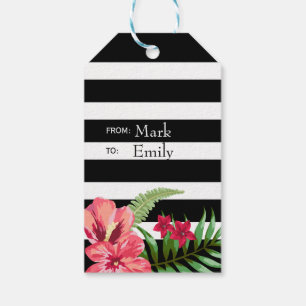Red And Pink Hibiscus And White Black Stripes Gift Tags