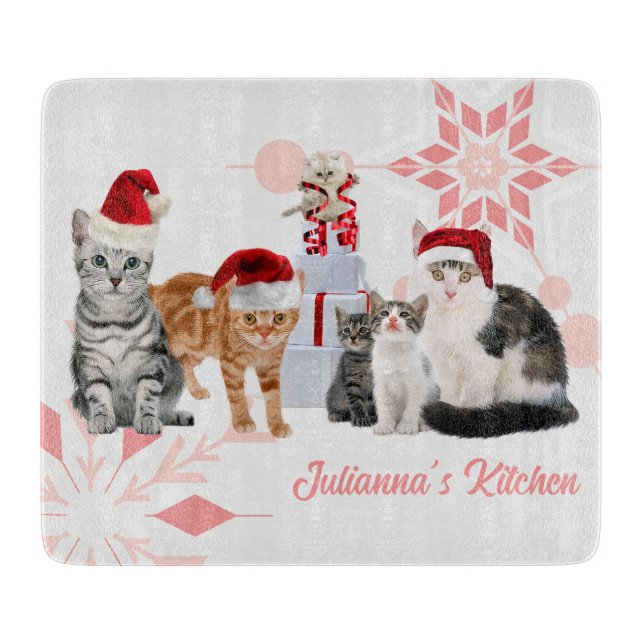 Red and Pink Holiday Cats Custom Name Cutting Board (Front)