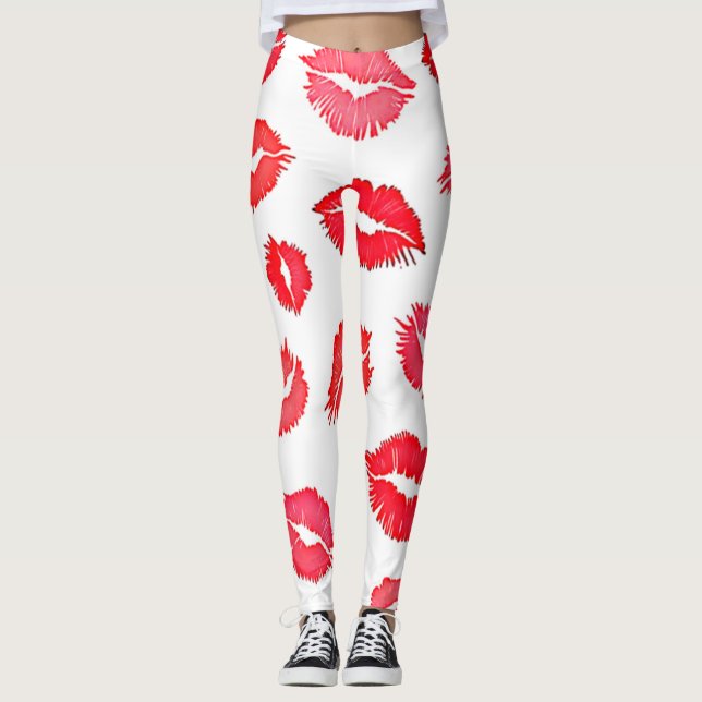 Red and Pink Lip Pattern Art Leggings (Front)