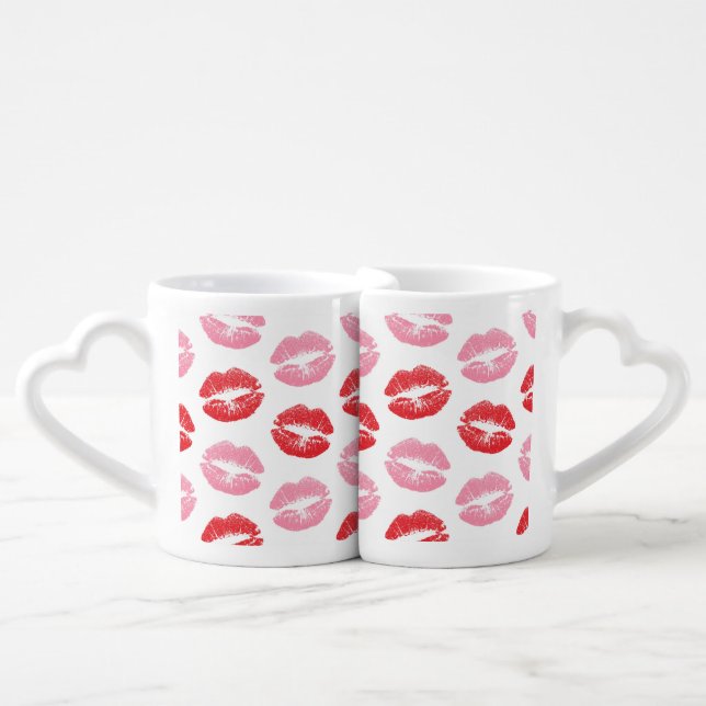 Red and Pink Lips, Pattern Of Lips, Lipstick, Kiss Coffee Mug Set (Front Nesting)
