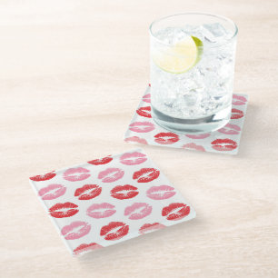 Red and Pink Lips, Pattern Of Lips, Lipstick, Kiss Glass Coaster