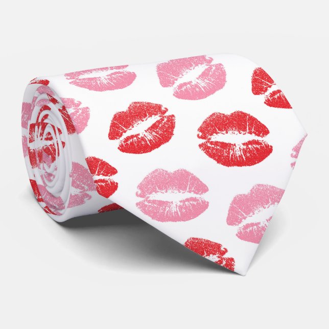 Red and Pink Lips, Pattern Of Lips, Lipstick, Kiss Neck Tie (Rolled)