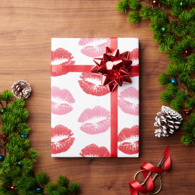 Red and Pink Lips, Pattern Of Lips, Lipstick, Kiss Wrapping Paper (Holiday Gift)