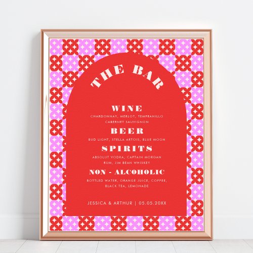 Red and Pink Midcentury Mod Wedding Bar Drink Menu Poster