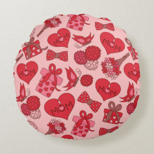 Red And Pink Mothers Day Pattern Round Pillow