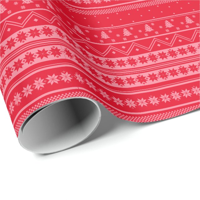 Red And Pink Nordic Sweater Christmas Pattern   Wrapping Paper (Roll Corner)