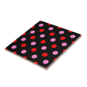 Red and Pink On Black Polka Dots Design Ceramic Tile