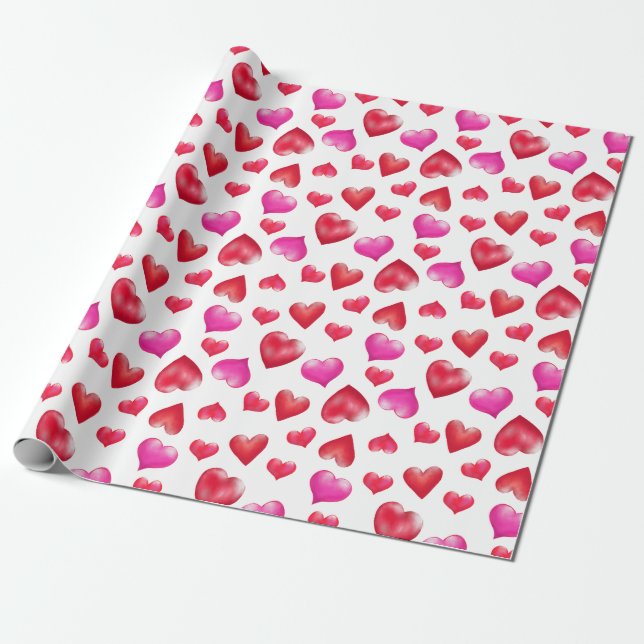 Red and Pink Painted Hearts Valentine's Day Wrapping Paper (Unrolled)