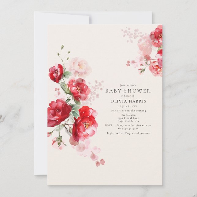 Red and Pink Paper Roses Baby Shower Invitation (Front)