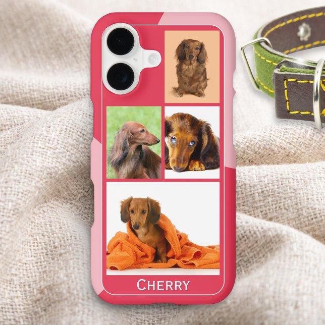 Red and Pink Personalized 4 Photos Case-Mate iPhone Case (A stylish phone case in red and pink, to customize with four photos of your pet dog, and their name)