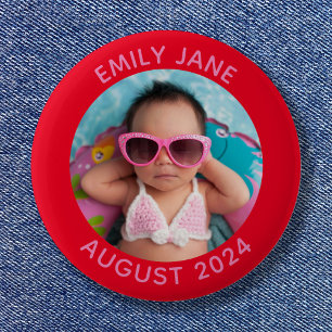 Red and Pink Personalized Round Family Photo Button