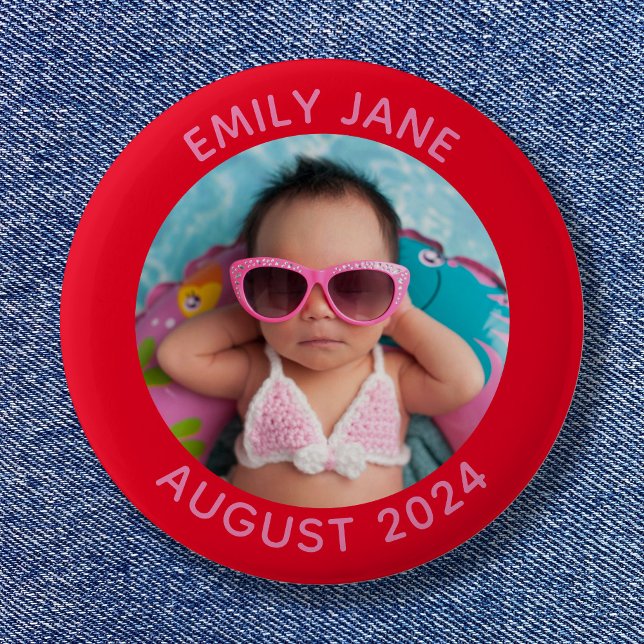 Red and Pink Personalized Round Family Photo Button (Red and Pink Personalized Round Family Photo Button)