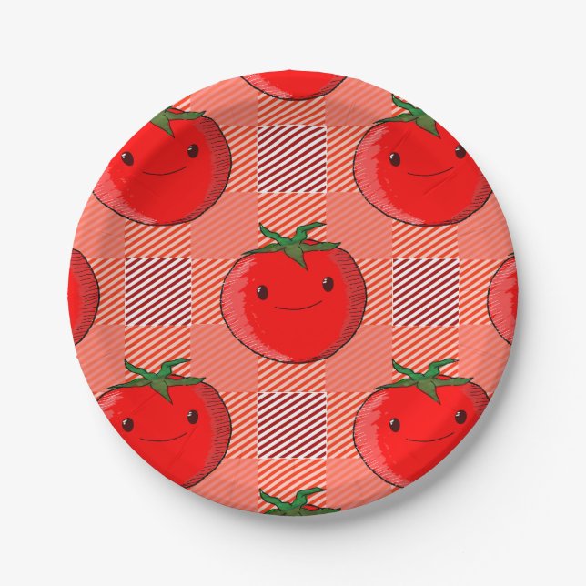 Red and Pink Plaid Tomato Tartan Pattern Paper Plates (Front)