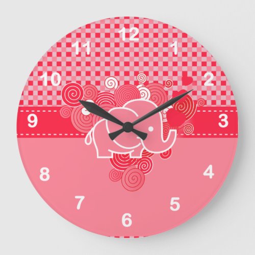 Red and Pink Plaid with Baby Elephant Large Clock