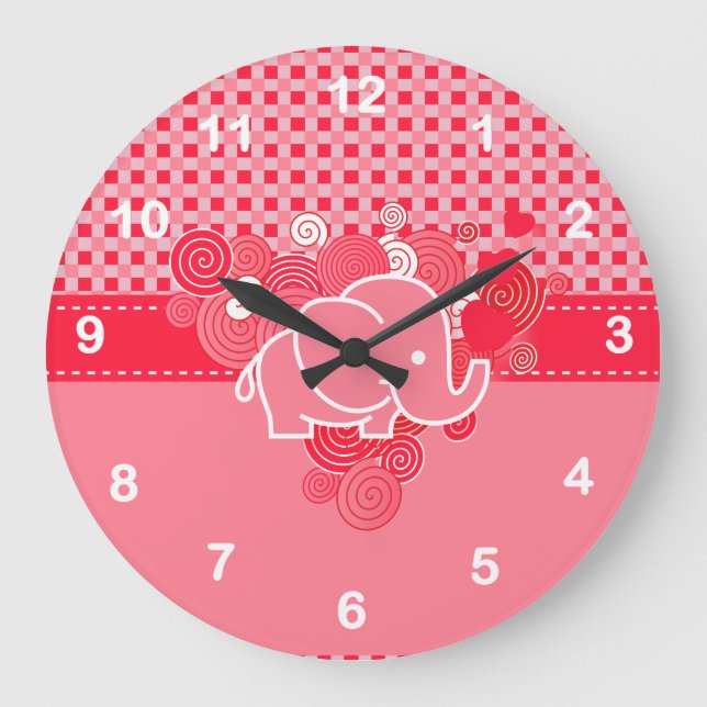 Red and Pink Plaid with Baby Elephant Large Clock (Front)
