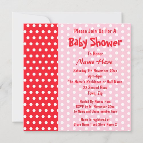 Red and Pink Polka Dot, Custom Baby Shower Custom Invitations