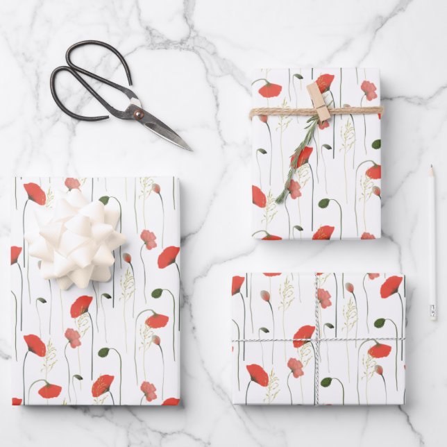 Red and Pink Poppies Wrapping Paper Sheets (Front)